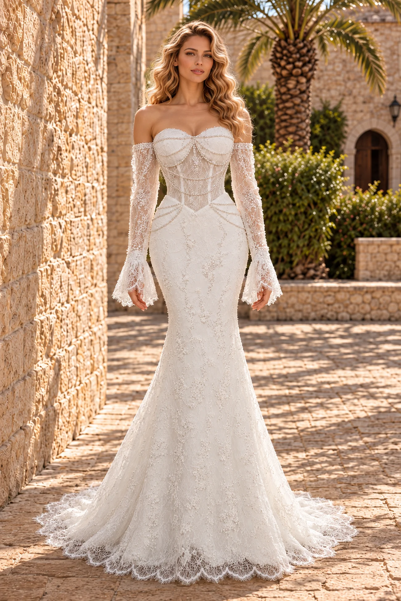 rochie de mireasa sirena cu maneci evazate rochie de mireasa sirena cu maneci evazate